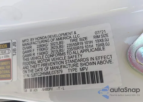 2021 Acura Rdx Technology Package z USA, uszkodzony, nr VIN 5J8TC2H54ML037879